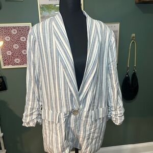 Ellen Tracy Blue and White Linen Striped Blazer Size L 🦄